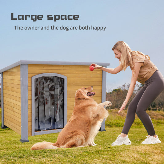 45" winter warm outdoor indoor dog house, made of solid wood, plastic curtain, insulation mat.