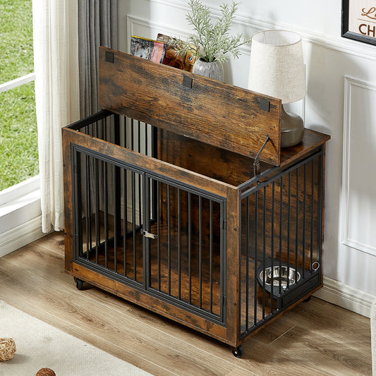 Furniture Style Dog Crate Side Table With Rotatable Feeding Bowl, Wheels, Three Doors, Flip-Up Top Opening. Indoor, Rustic Brown, 38.58"W x 25.2"D x 27.17"H